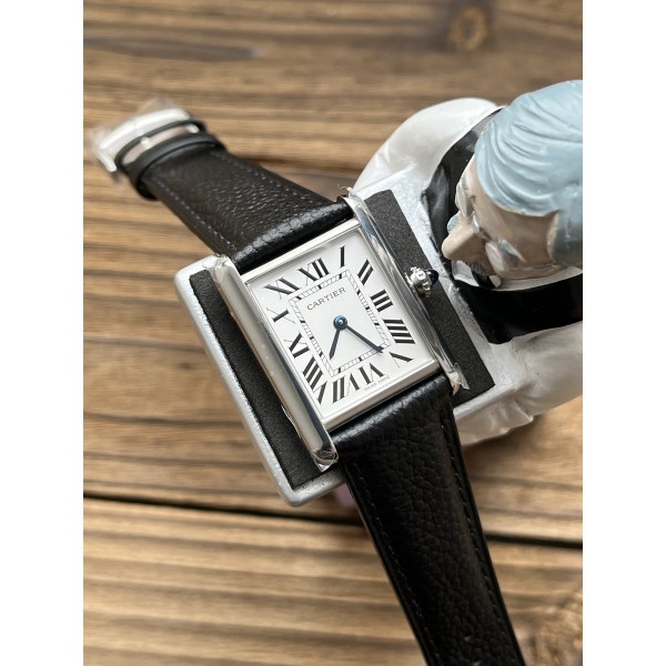 AF  까르띠에 탱크 25MM 머스트 라지 스틸 화이트다이얼 가죽스트랩