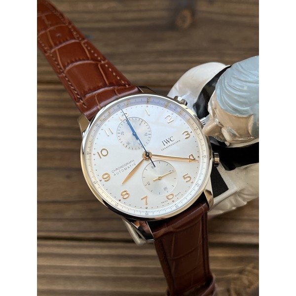 ZF IWC 포르투기저 크로노그래프 화이트다이얼 골드핸즈 브라운가죽스트랩