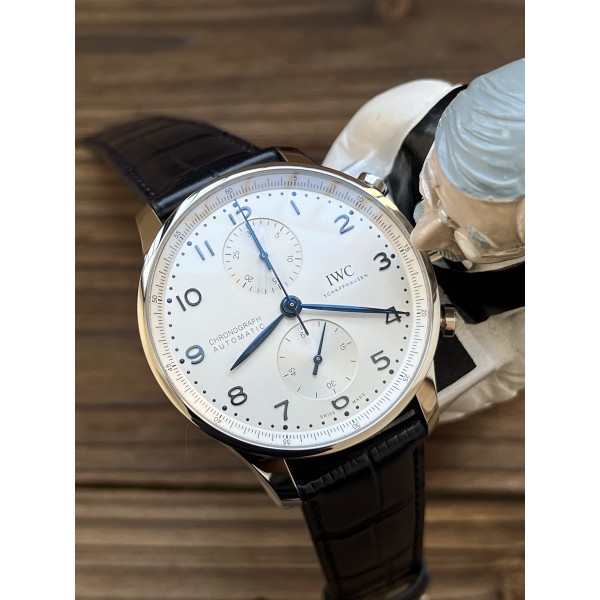 ZF IWC 포르투기저 크로노그래프 화이트다이얼 블루핸즈 블랙가죽스트랩